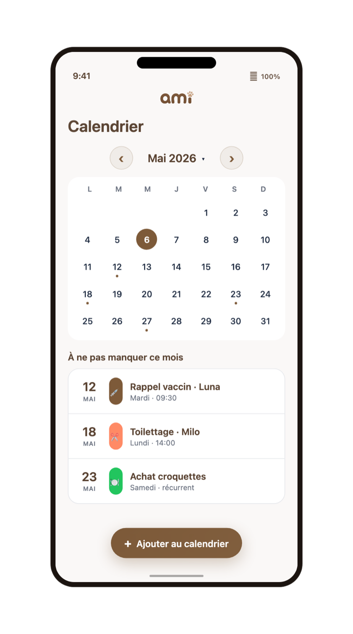Calendrier d'AMI : les rendez-vous des animaux sur le mois.
